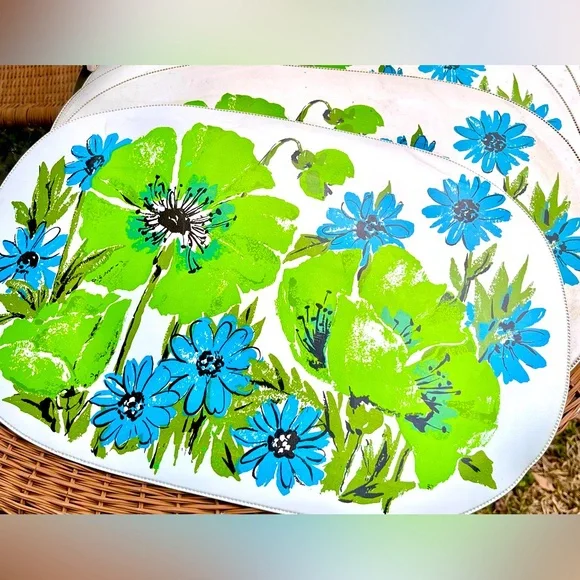 1970s Vintage Oval Vinyl Placemats Set 6 Blue Green - Picture 5 of 5